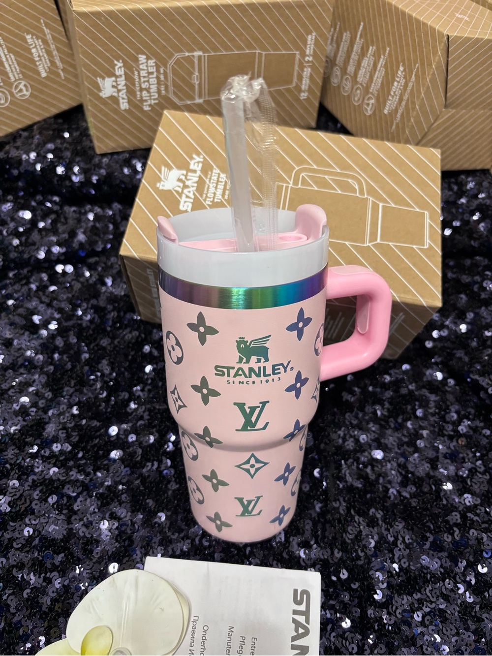 Bundle 20 oz 2x$70 Pink Patterned Travel Mug with Handle - Picture 4 of 5